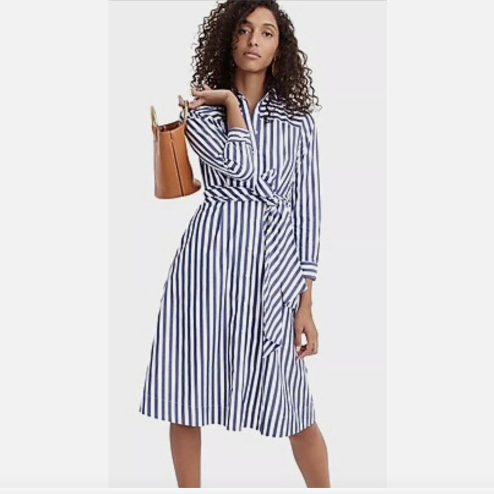 J. Crew Tie-Waist Shirt Dress Womens 10 in stripe Blue White